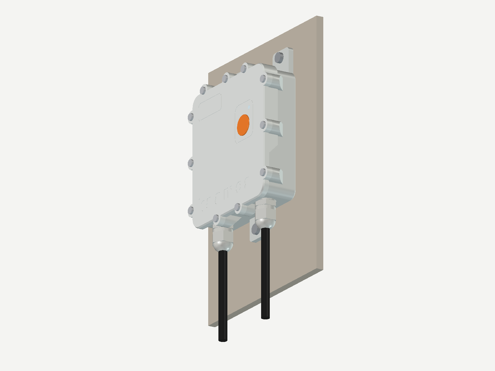 kaamos mounted on a wall, cables leaving downward through the two glands